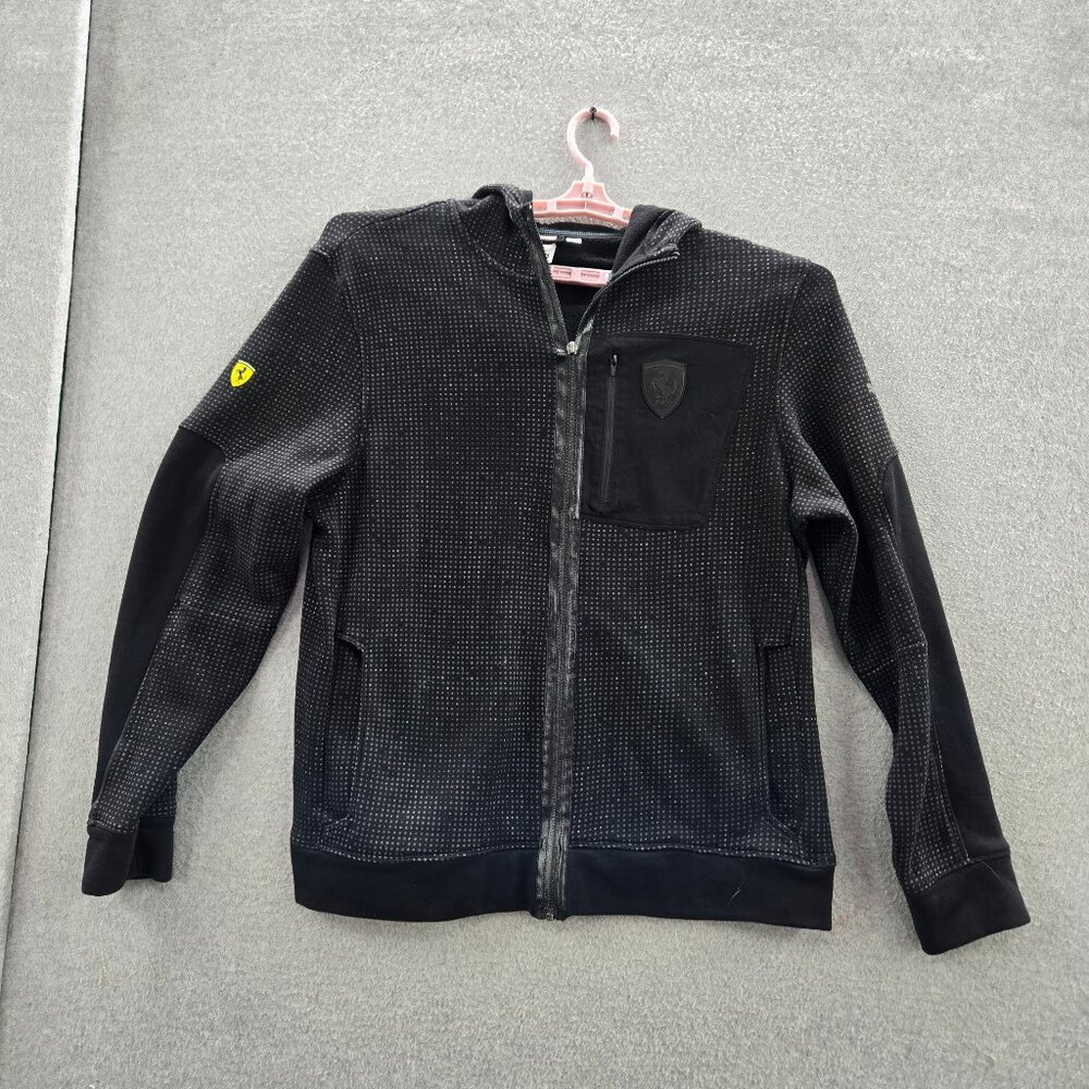 Puma Men Sweatshirt XL Black Geometric Ferrari Shield Activewear Logo Zipper